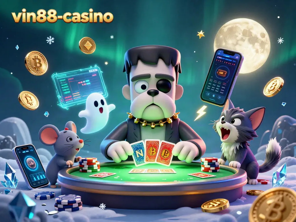 Join the excitement at vin88-casino with a spooky casino scene featuring unique characters and vibrant gaming elements.