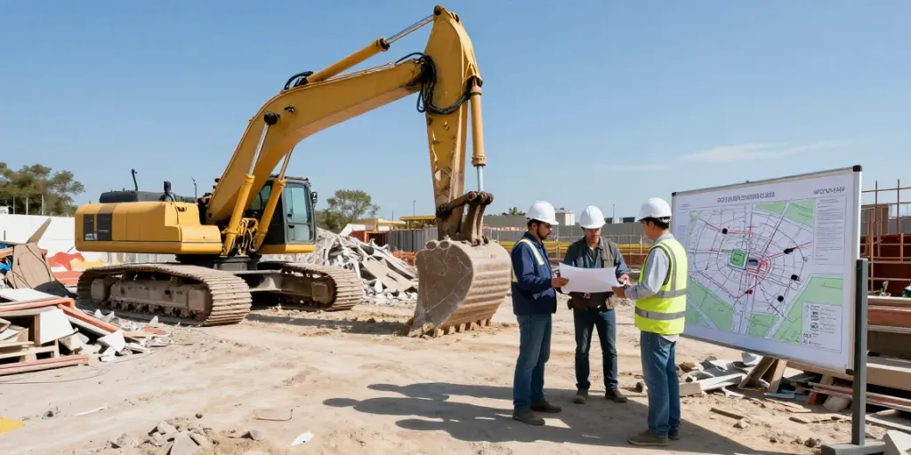 Kosten für Abbrucharbeiten bei Bauprojekten auf einer Baustelle mit Maschinen und Arbeitern.