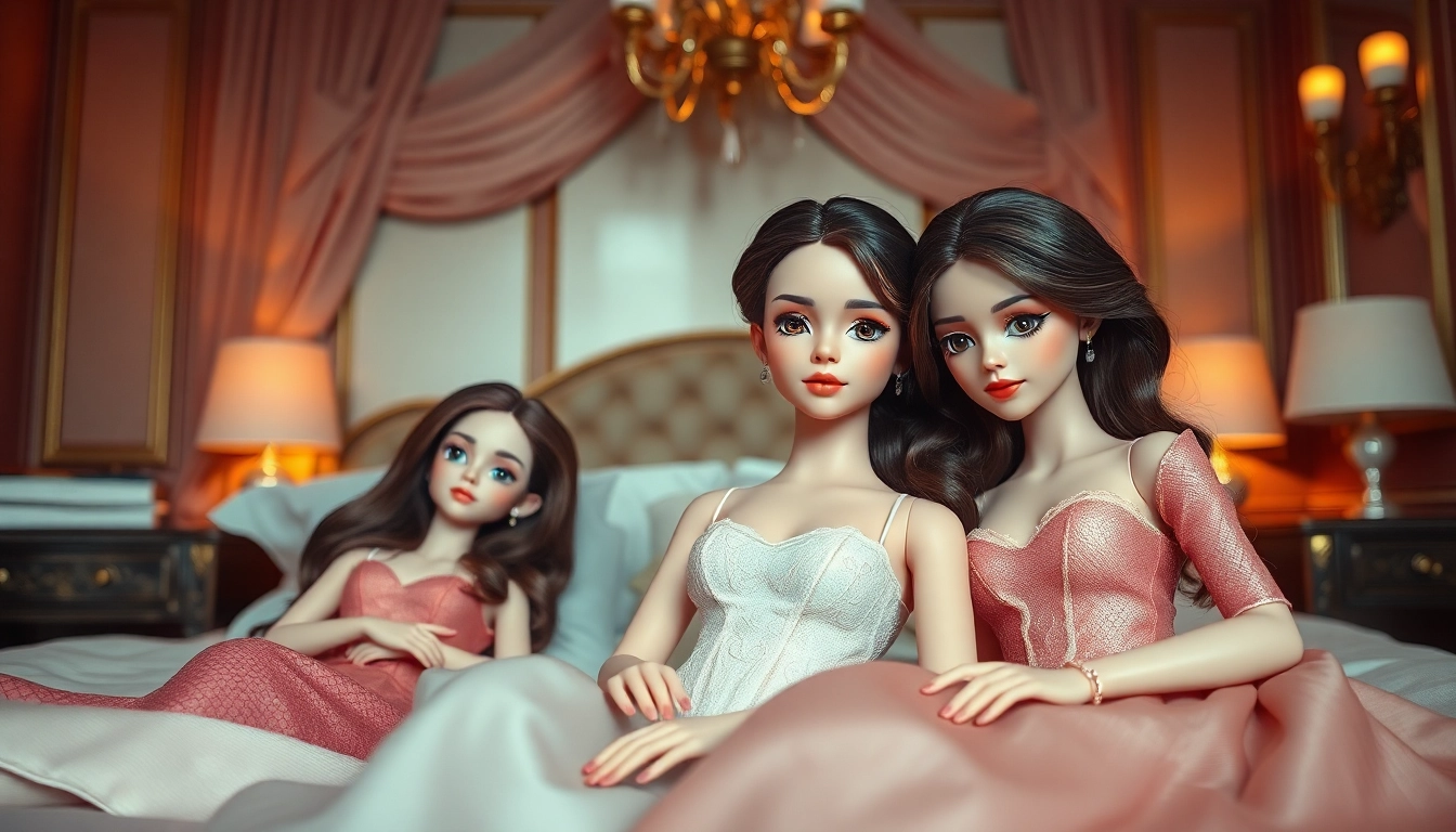 Verführerische Love Dolls in einer luxuriösen Schlafzimmerumgebung mit eleganten Details.