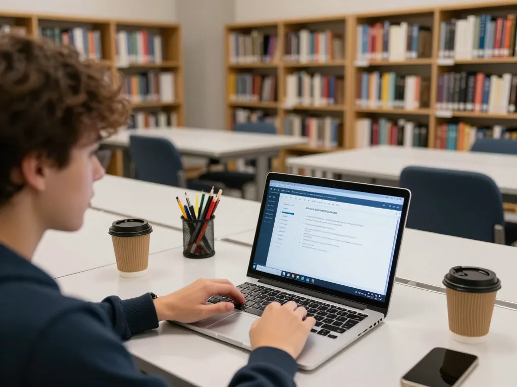 Student actively using a KI Detektor Bachelorarbeit tool on their laptop during study time