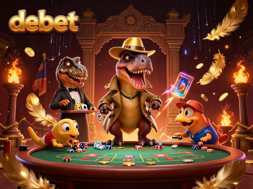 Debet velociraptor card counter at a blackjack table in a dynamic casino scene.