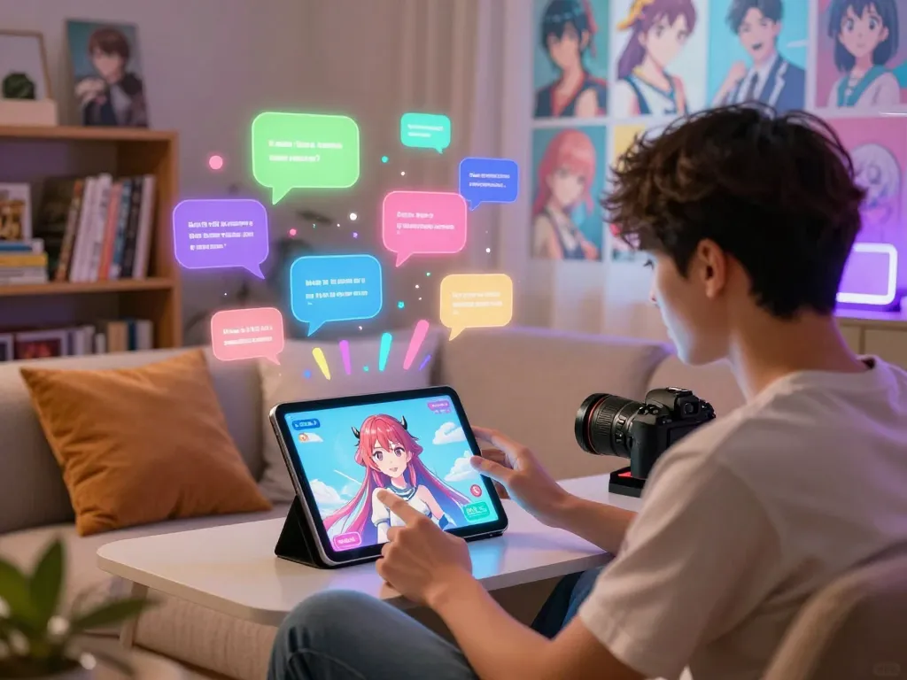 Engaging hentai ai chat interaction with a lifelike anime character in a cozy digital room
