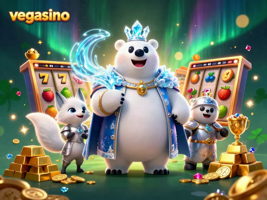 Experience thrilling wins at vegasino with cartoon king polar bear and snow fox amidst vibrant gaming elements.