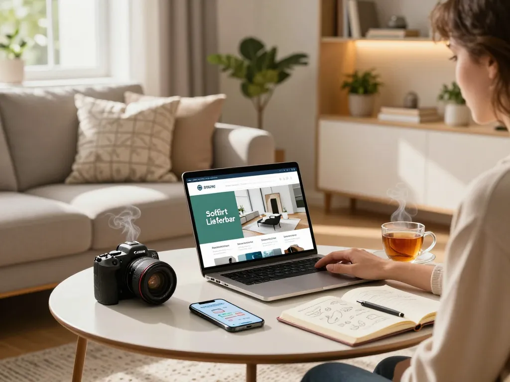 Sofort Lieferbar Produkte in einem gemütlichen E-Commerce-Wohnzimmer für ein Online-Shopping-Erlebnis präsentiert.