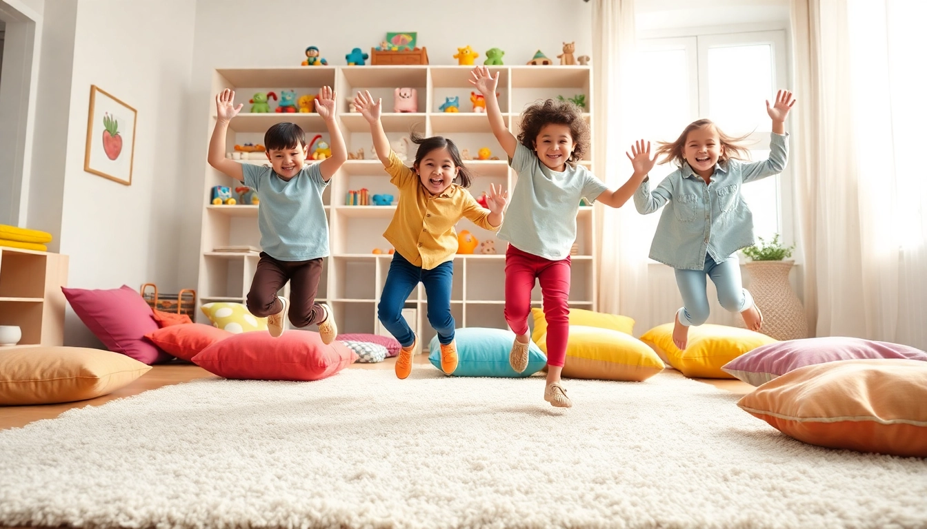 Begeisterte Kinder beim Spielen von Bewegungsspielen drinnen, mehr dazu lesen fuer kreative Inspiration.