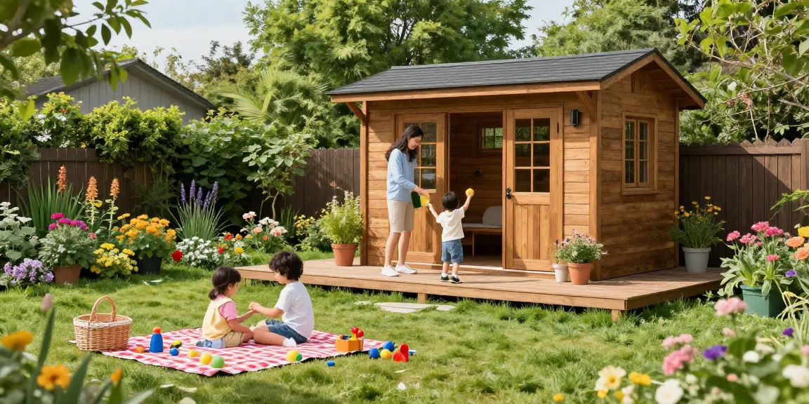 Familie genießt die Zeit im Garten mit einem schönen Gartenhaus aus Holz.