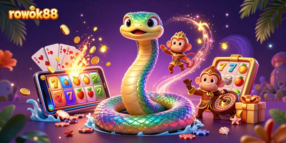 Play thrilling games with rokok88, highlighted by vibrant slot visuals and magical characters.