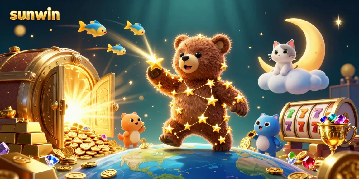 Experience big wins at sunwin with colorful slot reels and sparkling treasures in this vibrant 3D scene.