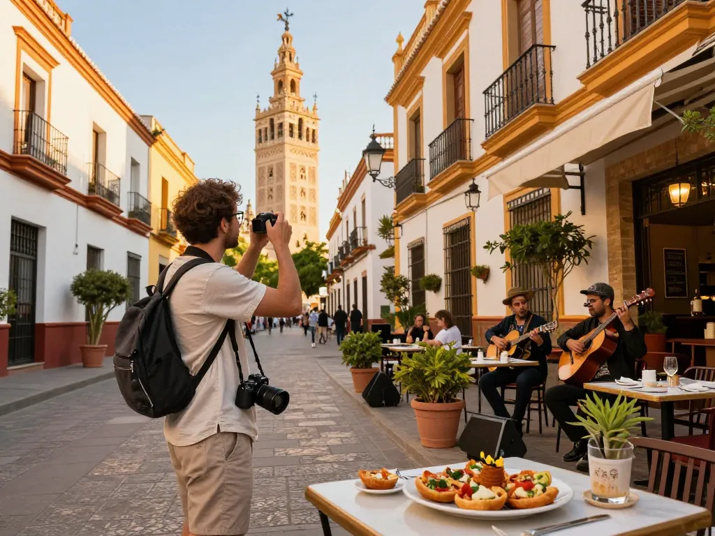 Reisetipps Sevilla: Reisender genießt traditionelle Tapas in den lebhaften Straßen Sevillas mit kulturellen Wahrzeichen.