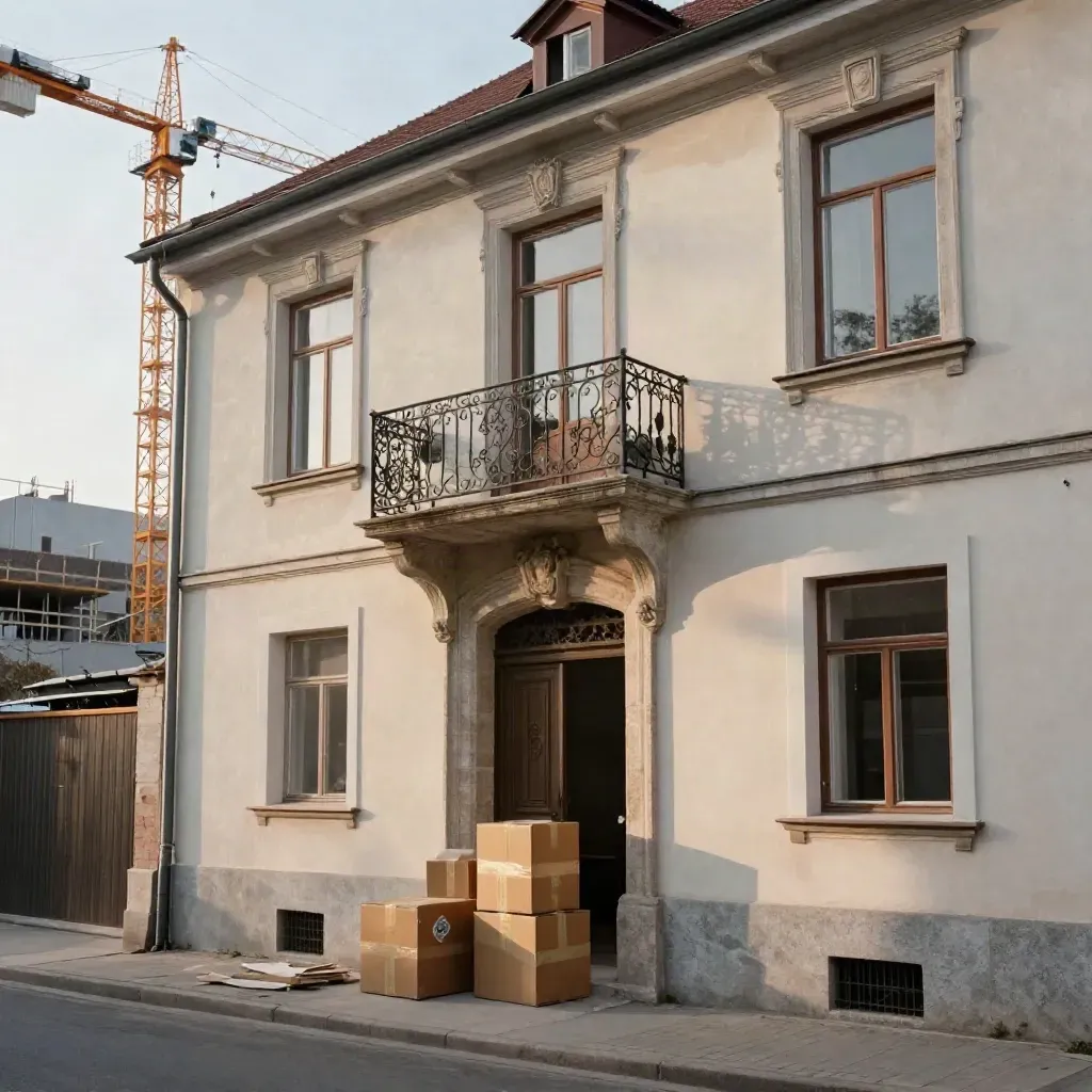 Altbau mit Umzugskartons am Eingang, dahinter ein Baukran im kalten Winterlicht