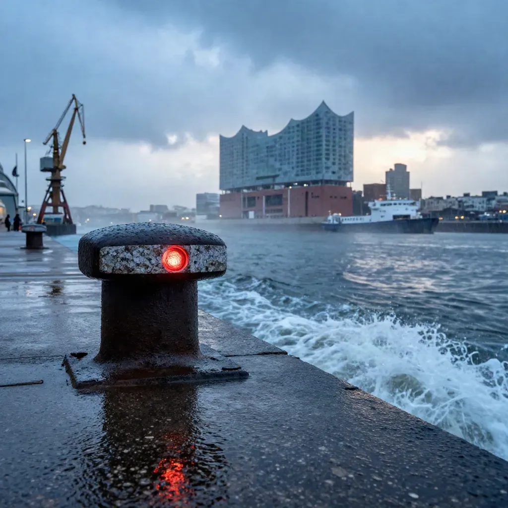 Nasse Elbphilharmonie am blauen Hafenmorgen mit Fährwellen, Kränen und Pollern