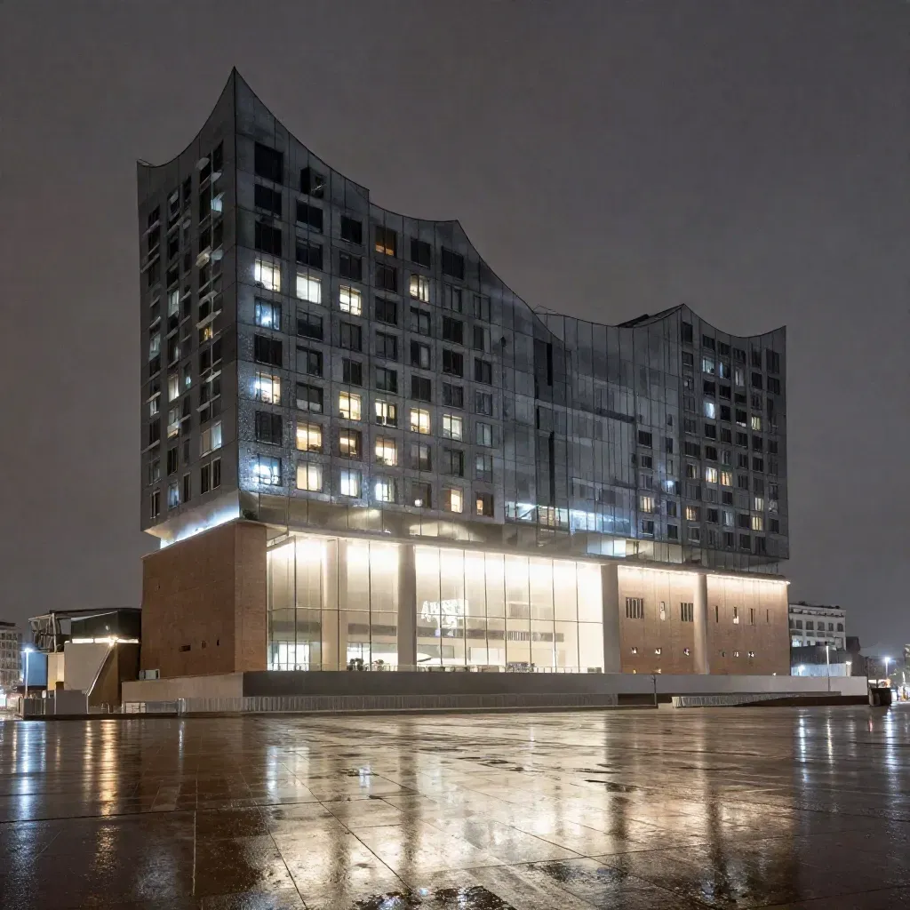 Die Elbphilharmonie bei Nacht nach Regen, mit Spiegelungen auf dem Platz und leuchtendem Foyer.