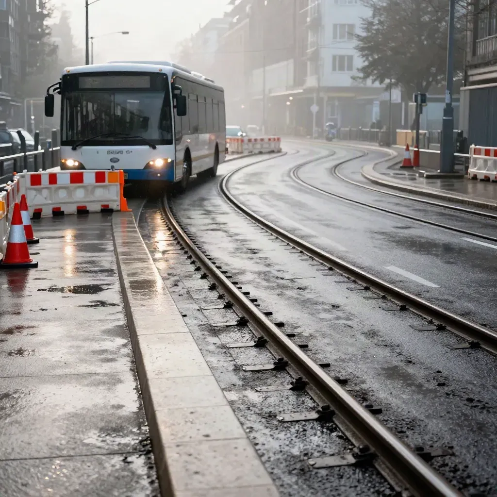 Nasses Hamburger Verkehrskreuz mit Ersatzbus, Gleisen und Baustellenkegeln im Morgendunst