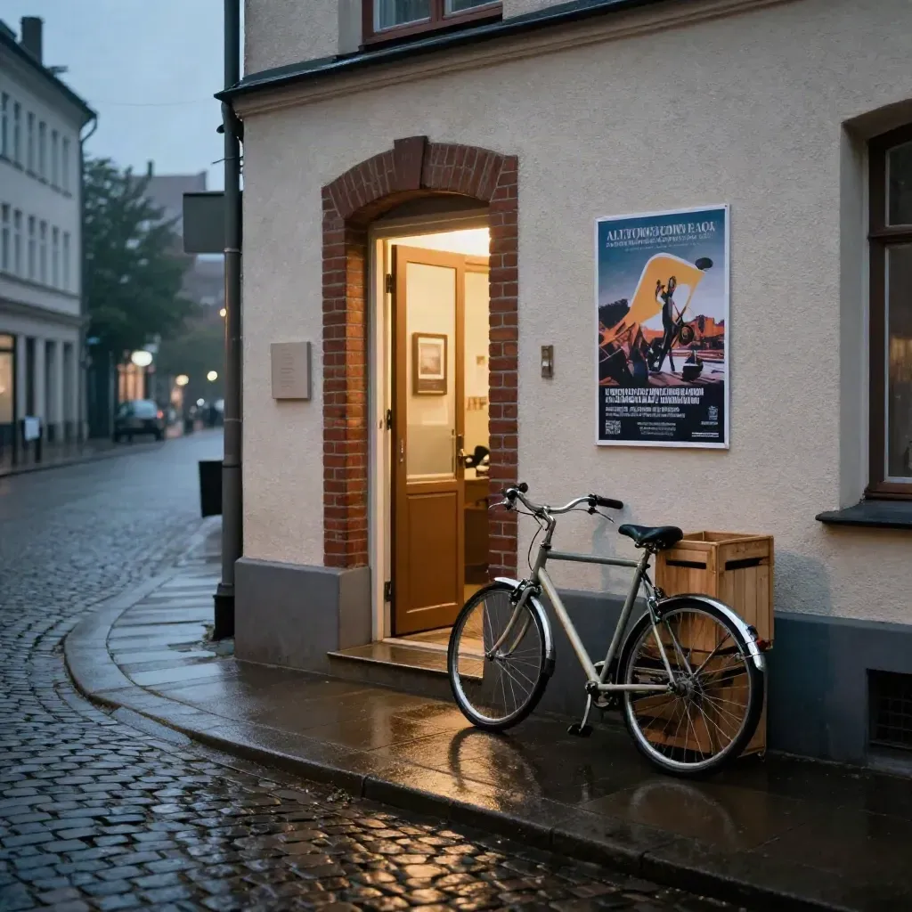Altonaer Theatereingang in der Dämmerung mit Fahrrad, Kisten und nassem Kopfsteinpflaster