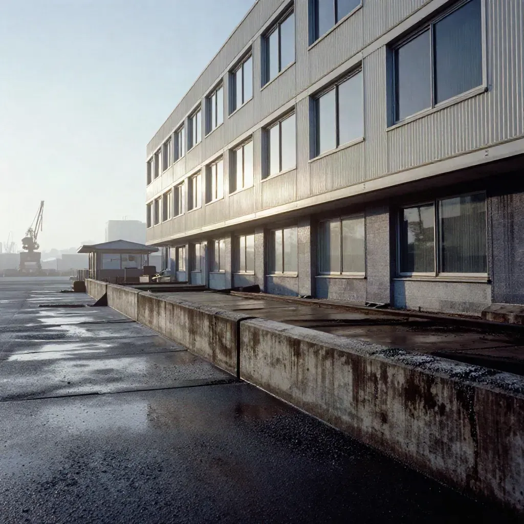 Niedrige Ansicht auf Büroblock, Güterhof und Kaffeemobil im Morgennebel am Hafen.