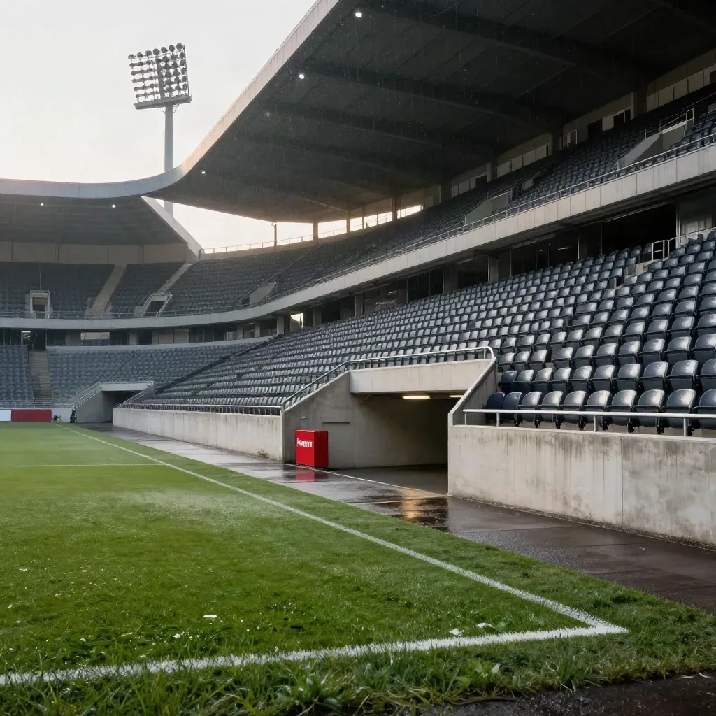 Leere Stadionränge, nasser Rasen und Tunnel unter den Tribünen im Abendlicht
