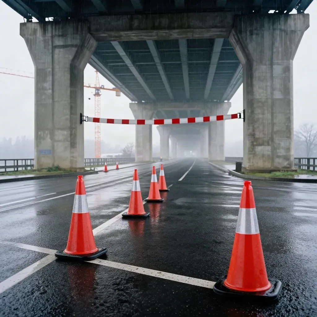 Unter der Elbbrücke: nasse Absperrkegel, rote Bauabsperrung und Kräne im Morgendunst.