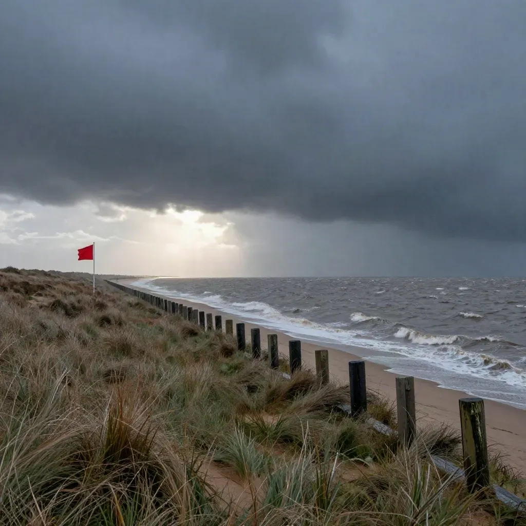 Küsten-Damm mit Warnflagge, nassem Gras und aufgewühlter Nordsee im Sturmlicht