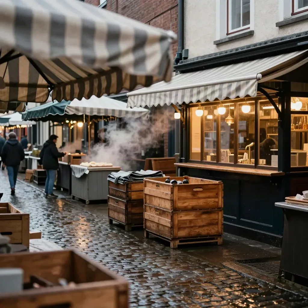 Altonaer Gasse am Abend mit Markisen, Barlicht, nassen Pflastersteinen und Kisten.