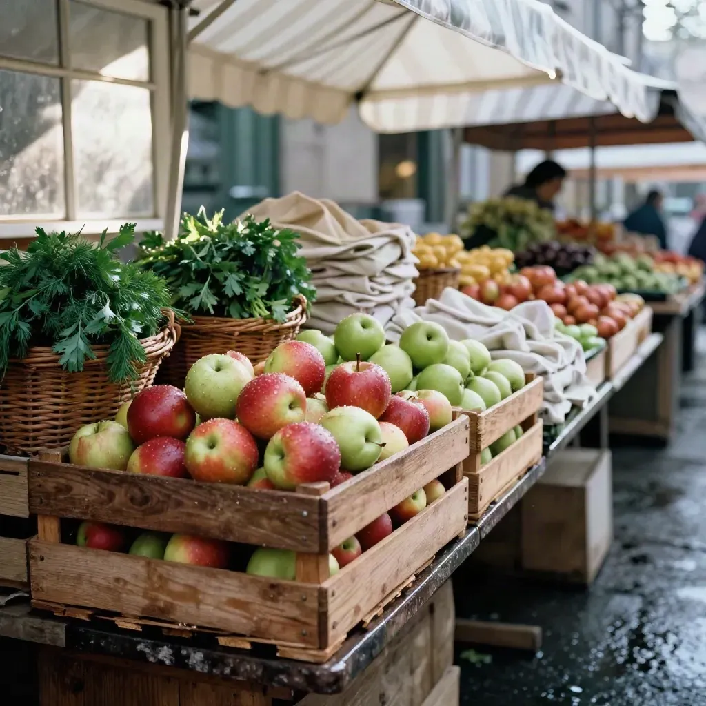 Früher Ottenser Wochenmarkt mit nassen Apfelkisten, Kräutern und Markisenstreifen.