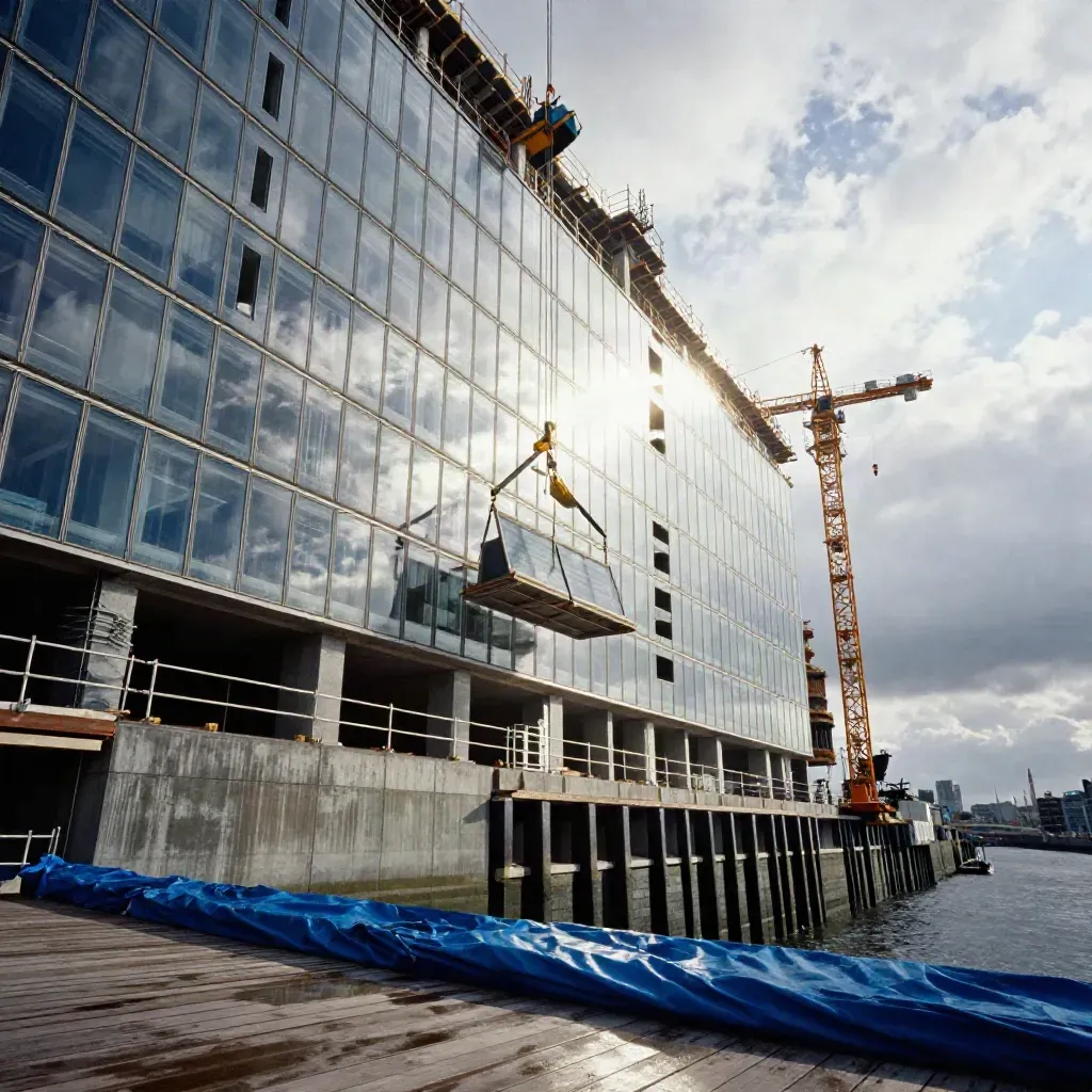 HafenCity-Baustelle von unten mit Kränen, Glasfassade und Gerüst am Kanal.
