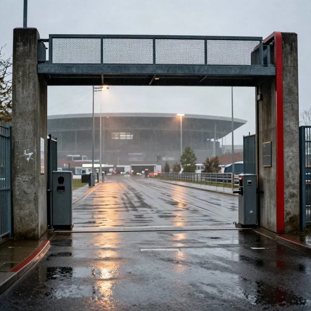 Niedriges Bild vom Millerntor-Gate mit nassem Asphalt, Turnstileschatten und rotem Licht.
