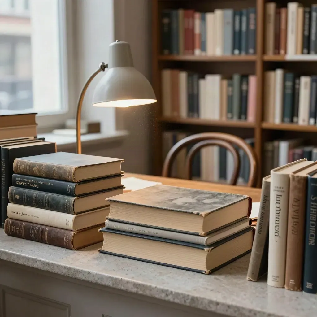 Bücherstapel, Leselampe und Stuhllehne im Hamburger Buchladen bei Abendlicht.