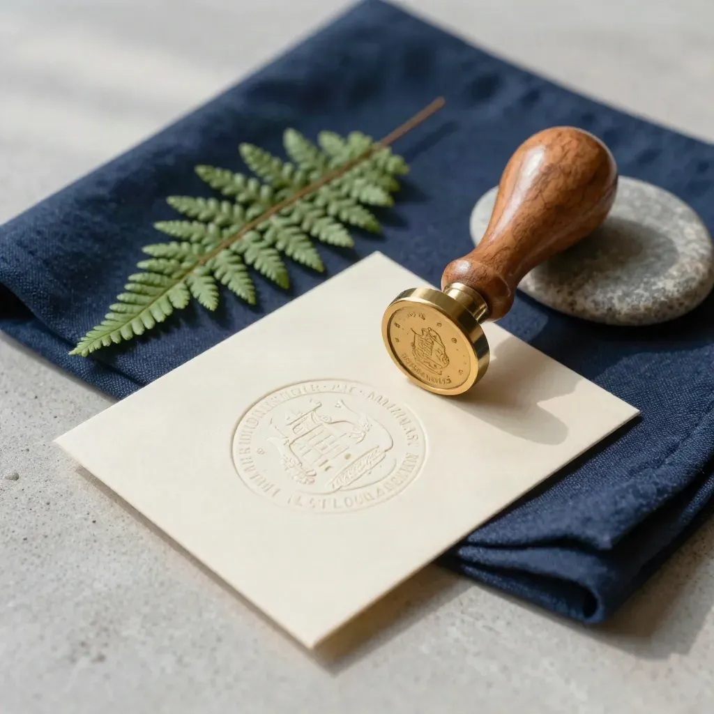 Brassiegel auf cremefarbener Karte mit Navy-Stoff, Farn und Steinschale in der Draufsicht