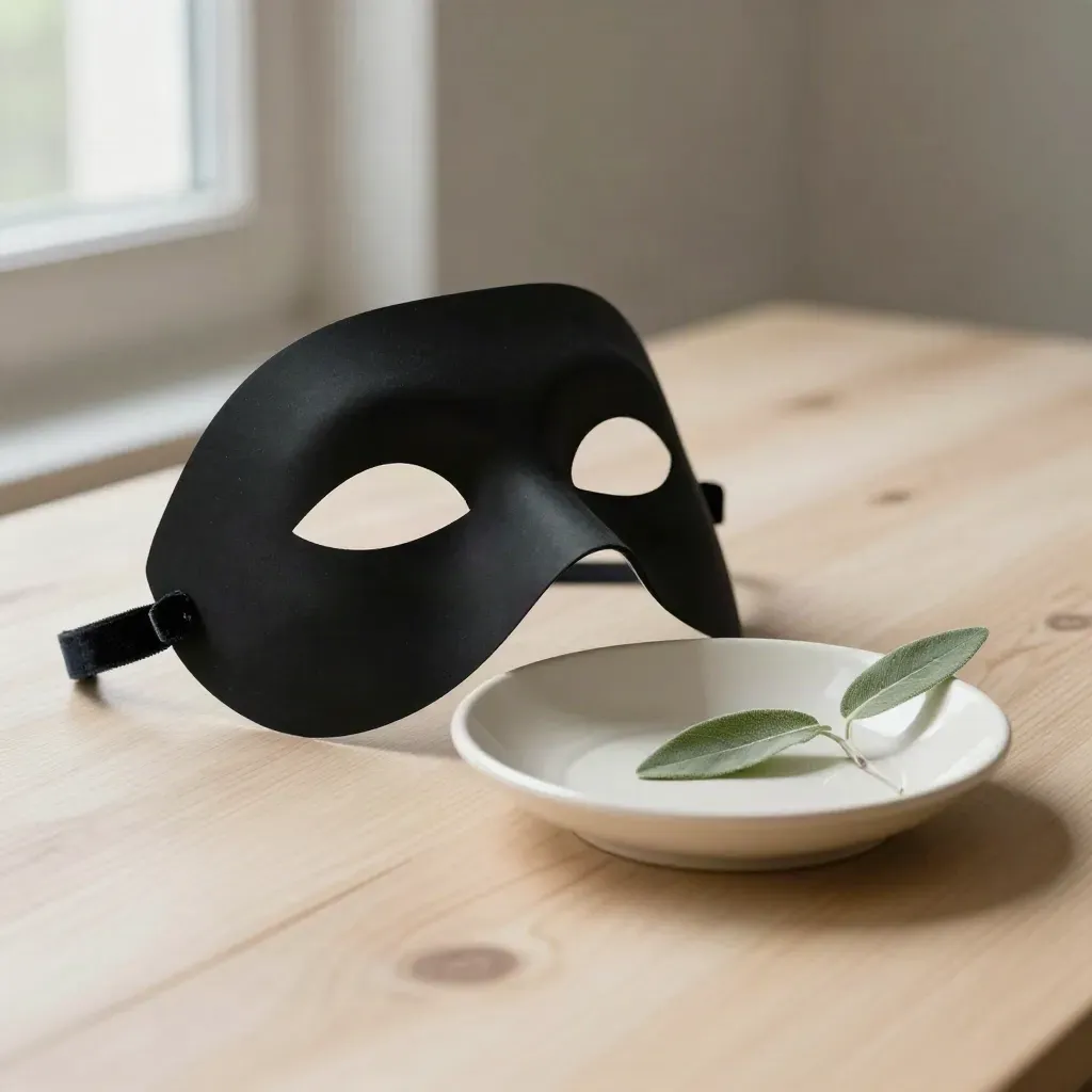 Mattschwarze Theatermaske, Keramikschale und Zweig auf hellem Holz
