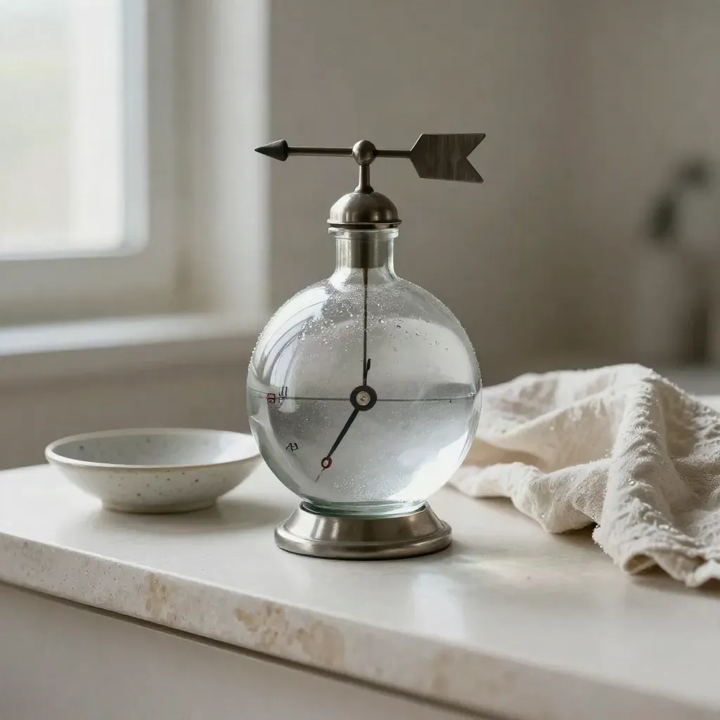 Glaskugel-Barometer mit Wetterfahne, Schale und Tuch auf hellem Stein.