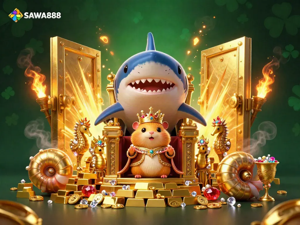 Experience excitement with SAWA888 illustrated featuring a tiny golden hamster king on a megalodon throne amidst treasures.