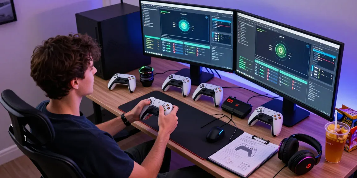 PC Controller Test setup featuring multiple gamepads and diagnostic software for performance evaluation.
