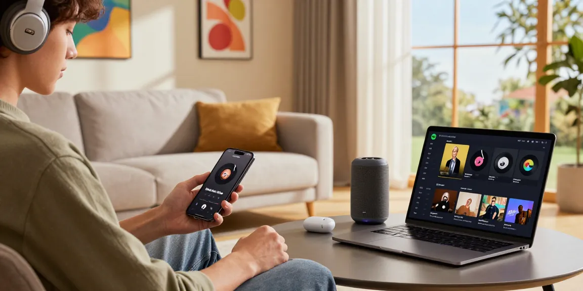 Young person enjoying music using Spotify Mod APK in a cozy living room setting with stylish decor and music gadgets.