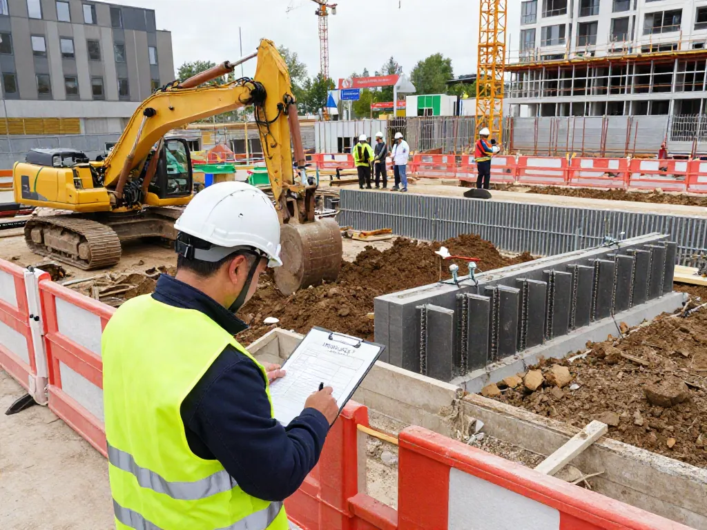 Baugrubensicherung Techniken auf einer Baustelle mit Ingenieur und Baumaschinen.
