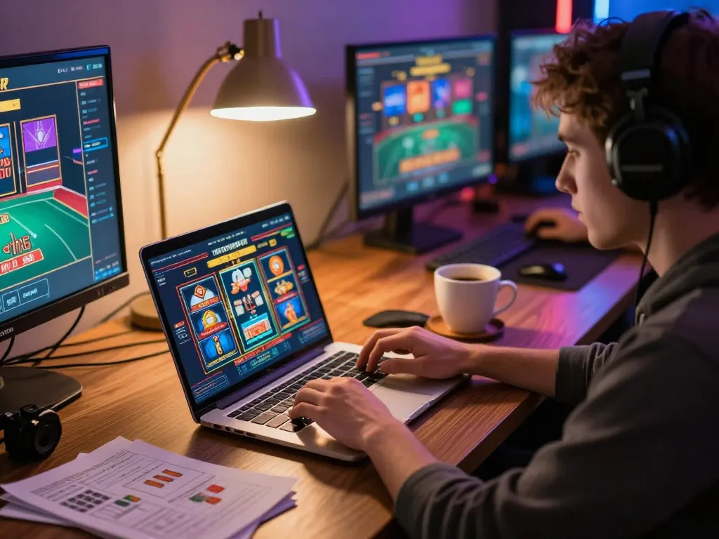 KJC player enjoying online casino games on laptop in a cozy home setup