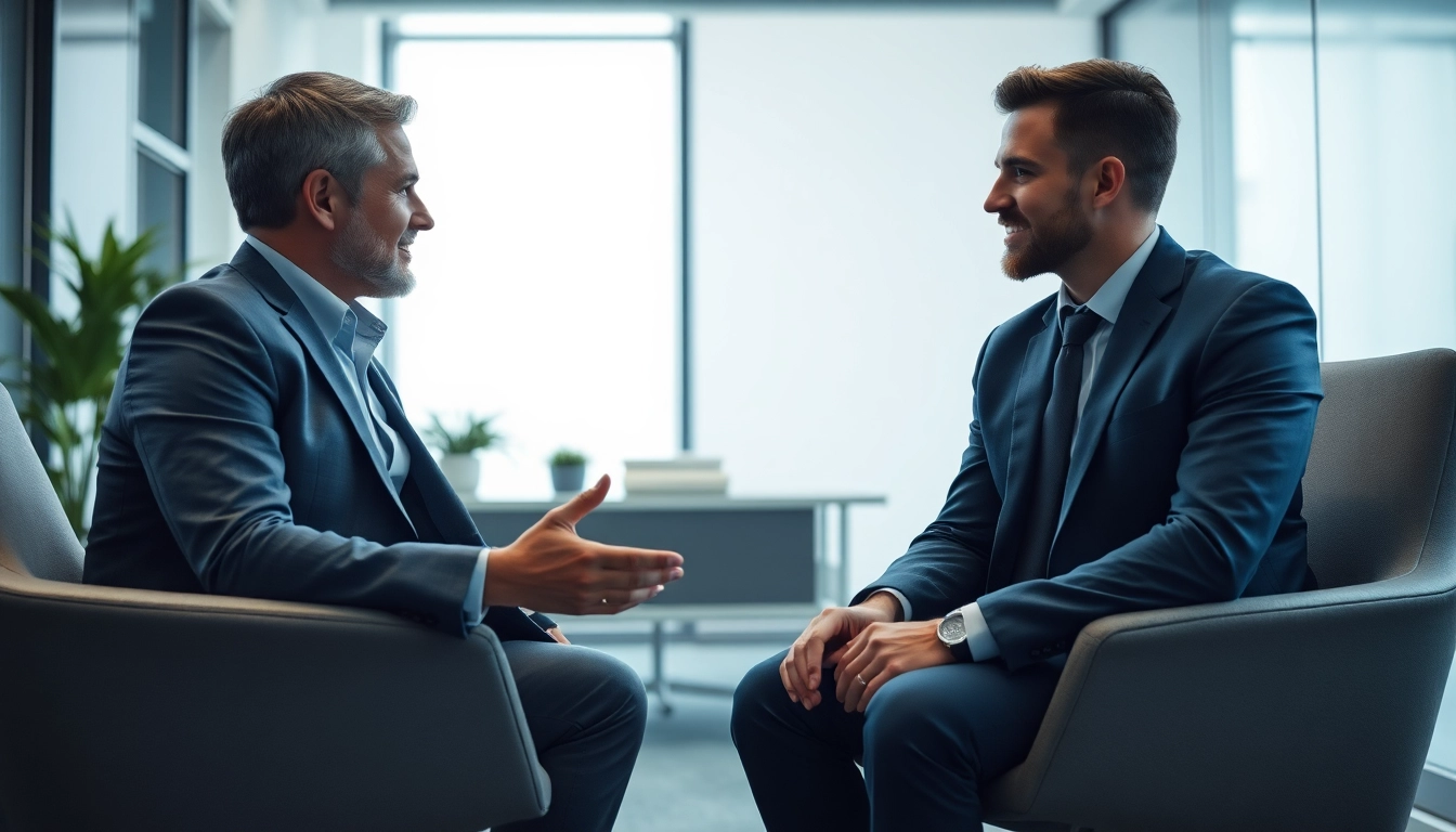 Headhunter im Gespräch mit einem Kandidaten in einem modernen, vertrauensvollen Büro.