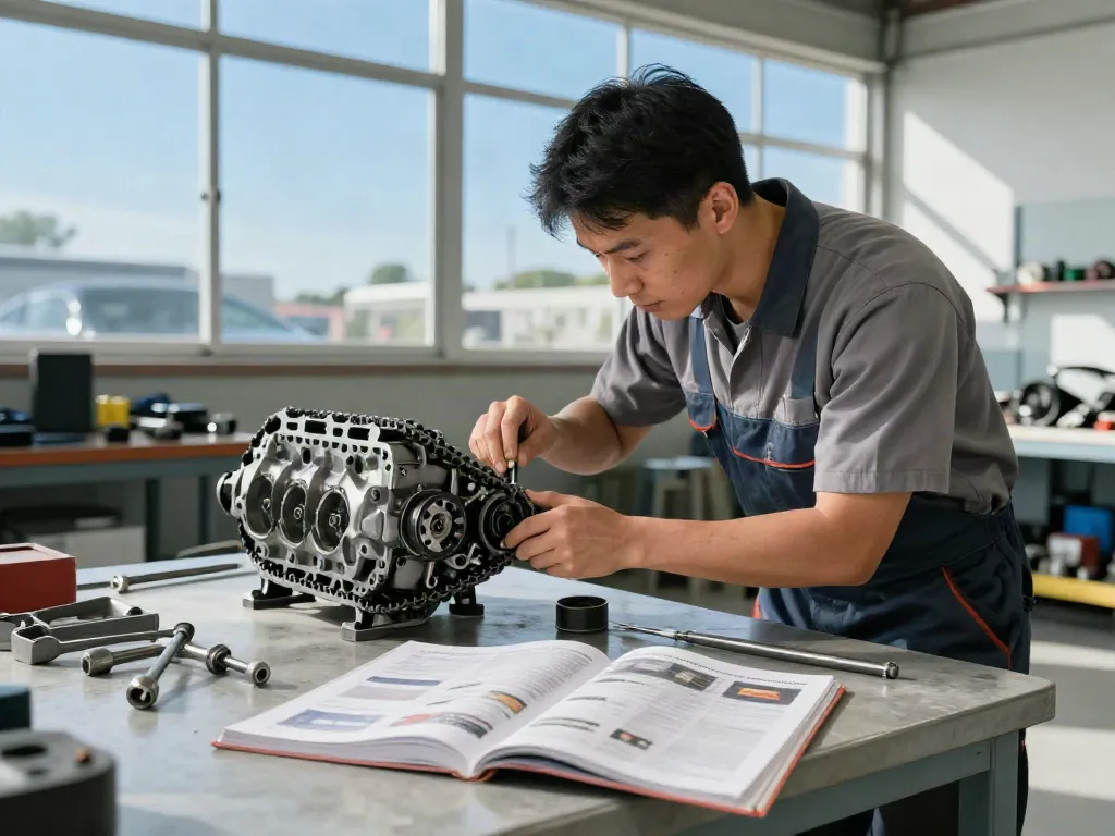 Mechaniker inspiziert die Steuerkette bei BMW, bmw steuerkette wechseln, professioneller Werkstattkontext.