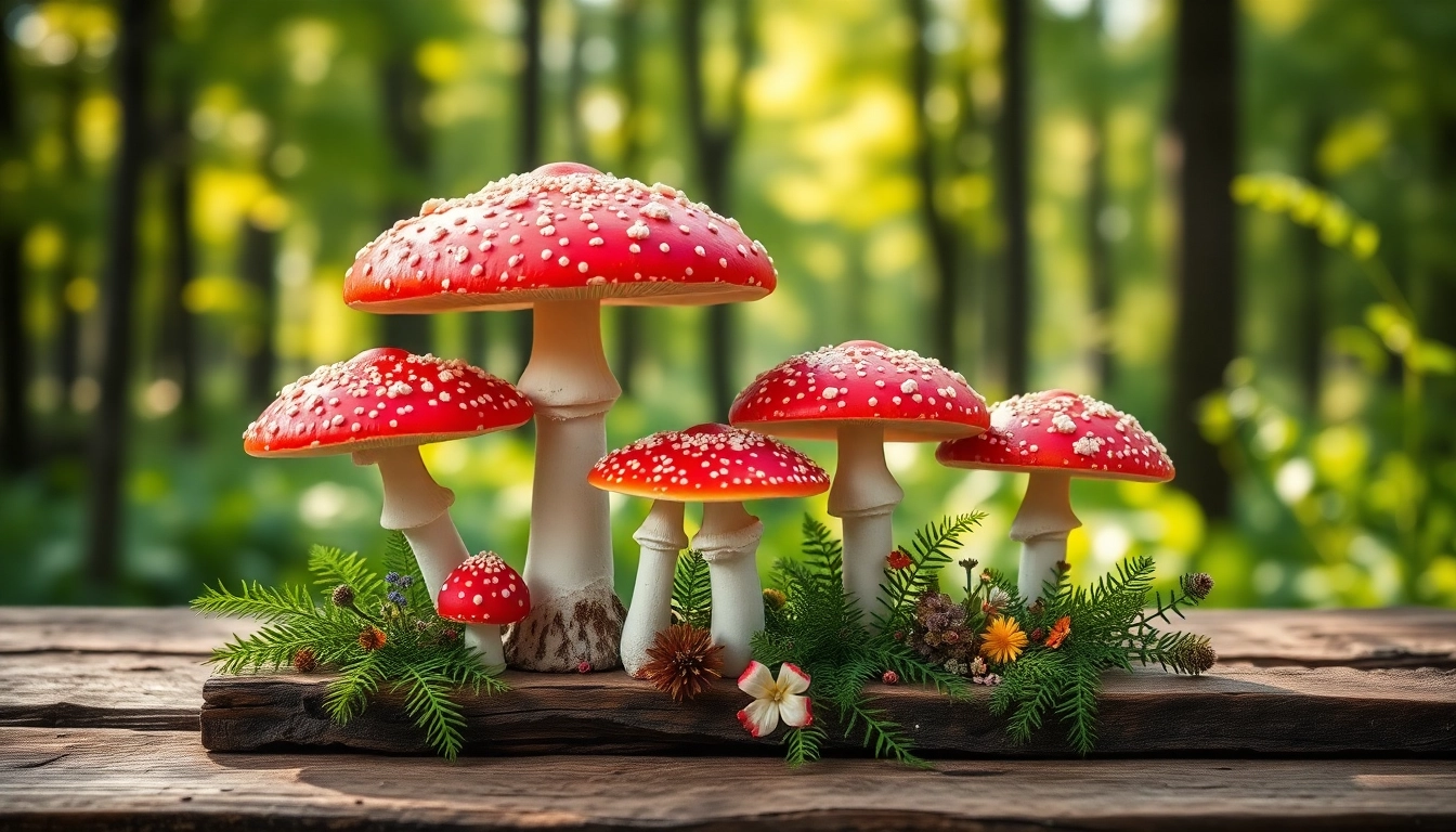 Fliegenpilz bestellen: Hochwertige Amanita muscaria auf rustikalem Tisch arrangiert.