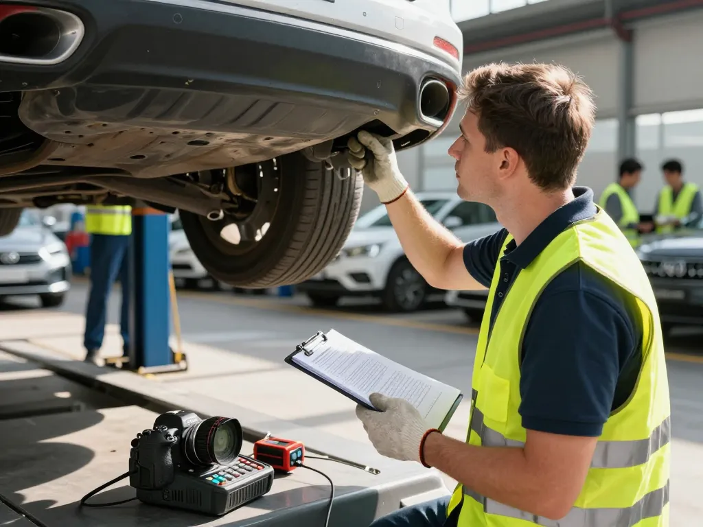 Experte kfz Gutachter inspiziert das Untergestell eines Fahrzeugs mit Diagnosetools in einer professionellen Werkstatt.