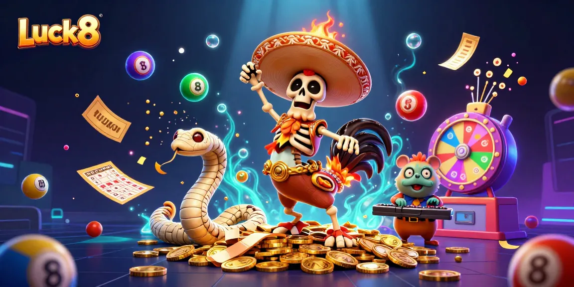 Luck8 offers an exciting experience with vibrant characters and casino elements celebrating winnings.