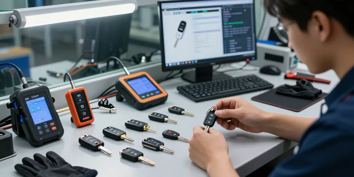 Schlüssel für Auto: Ein Techniker prüft verschiedene Autoschlüssel in einer Werkstatt.