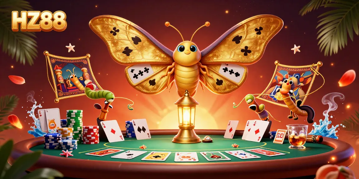 Engage with HZ88's vibrant casino scene filled with poker chips, cards, and captivating characters.