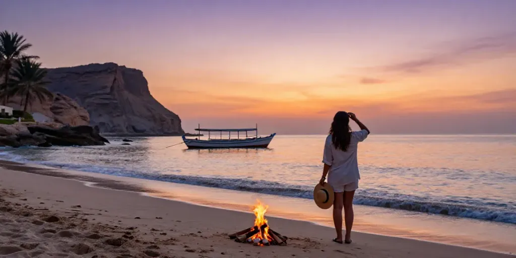 Urlaub Oman am Strand mit Reisendem, der den Sonnenuntergang genießt und traditionelle Dhow im Hintergrund sieht.
