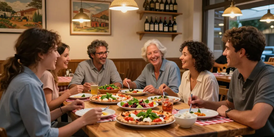 Enjoying pg soft inspired Italian cuisine with family in a cozy pizzeria setting.