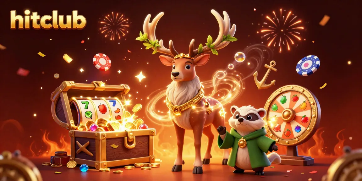 The hitclub casino features a druid stag, badger, and dynamic slot elements, inviting players to enjoy games.