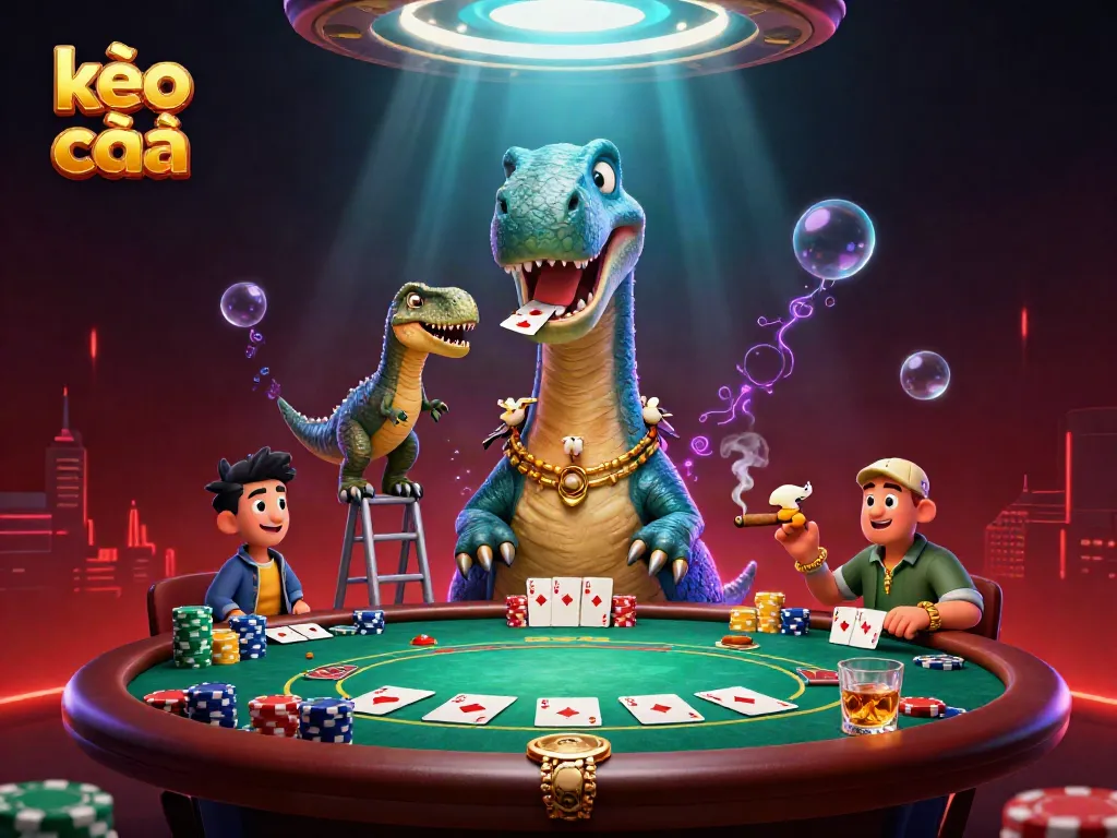 Engage in kèo nhà cái excitement with a giant brontosaurus overseeing a lively poker scene, vibrant gaming elements visible.