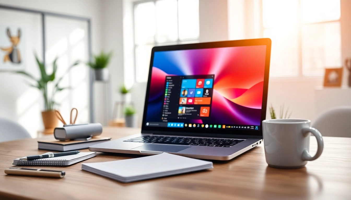 Software Hilfe in einem modernen Büro mit einem Laptop und Produktivitätselementen.