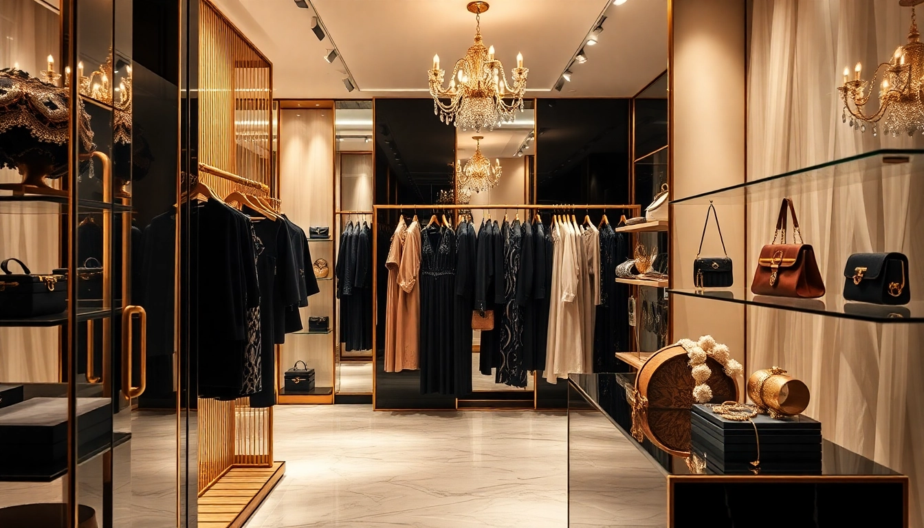 Showcasing Luxury fashion items in an elegant boutique setting with ambient lighting.