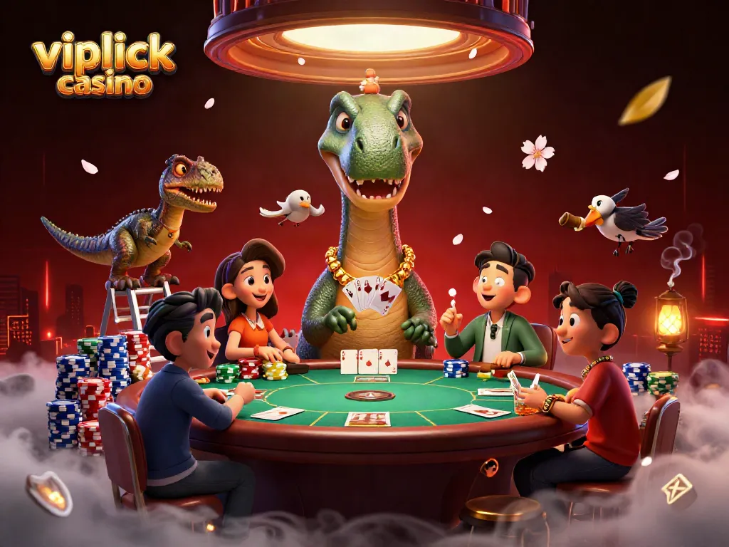 Play poker at vipluck casino with a giant dinosaur dealer in a vibrant casino scene.