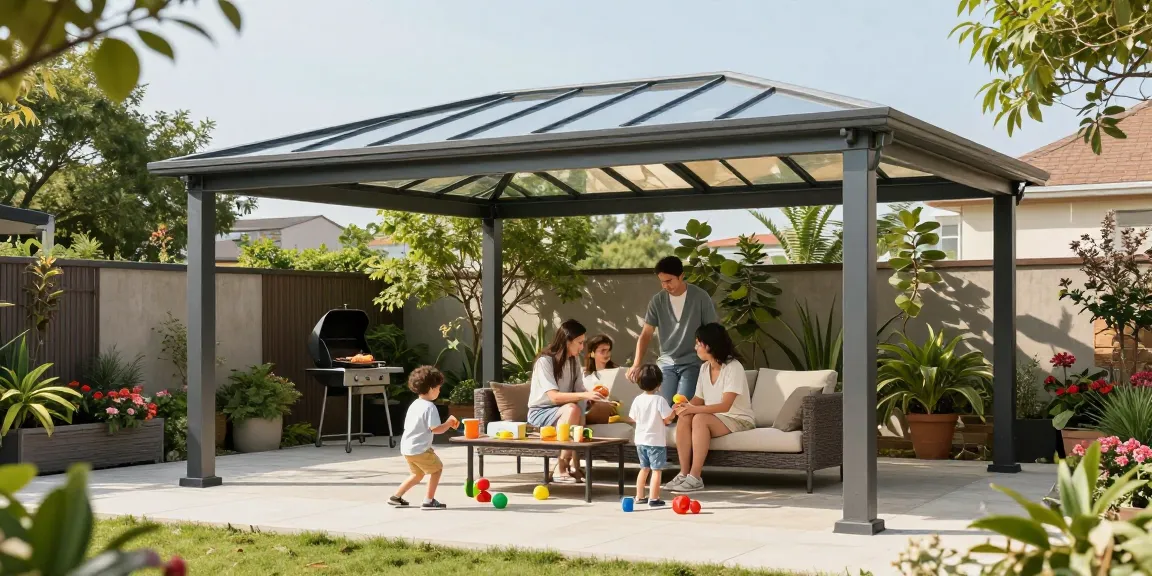 Freistehende Terrassenüberdachung bei sonnigem Wetter mit Familie im Garten.